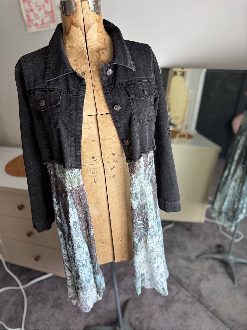 Oragami Cropped Denim Jacket with Long Lace Mesh Floral Panels